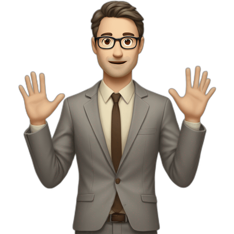 Full height Actively gesturing with hands Pale skinned fit man with dark brown hair in gray jacket, beige office shirt, brown tie, brown pants and vintage glasses. emoji