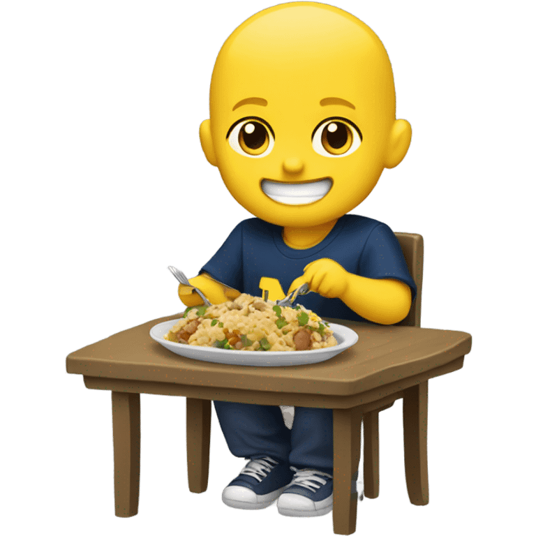 bald blonde boy enjoying his meal in Michigan wolverines shirt  emoji