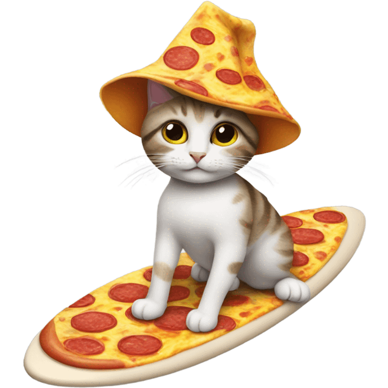 Cat wearing a pizza hat surfing emoji