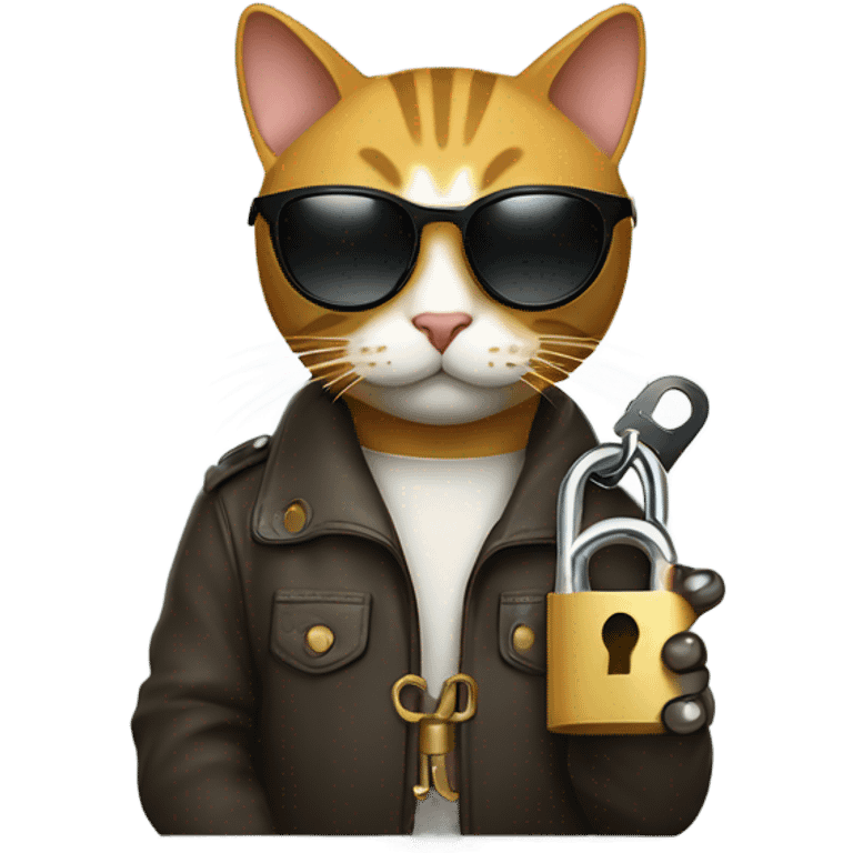 Design a cool cat emoji wearing sunglasses and holding a tiny key or sitting next to a lock. The cat should have a confident, laid-back pose. Use a minimalist style with clean lines. The cat should look trustworthy but chill. emoji