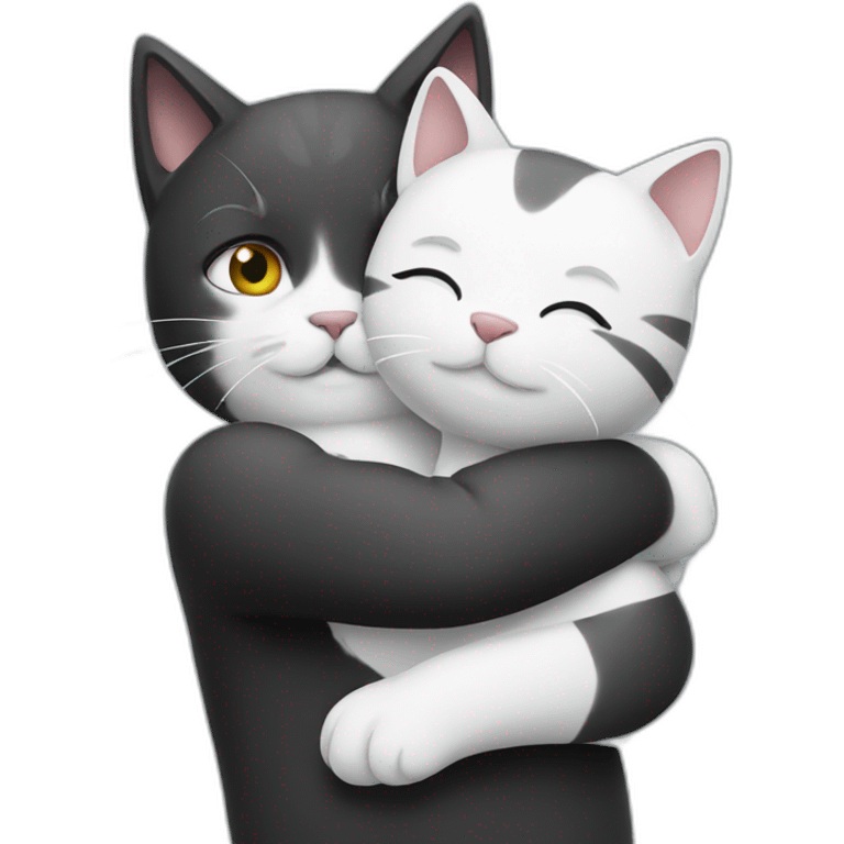 black and white cat hugs gray emoji