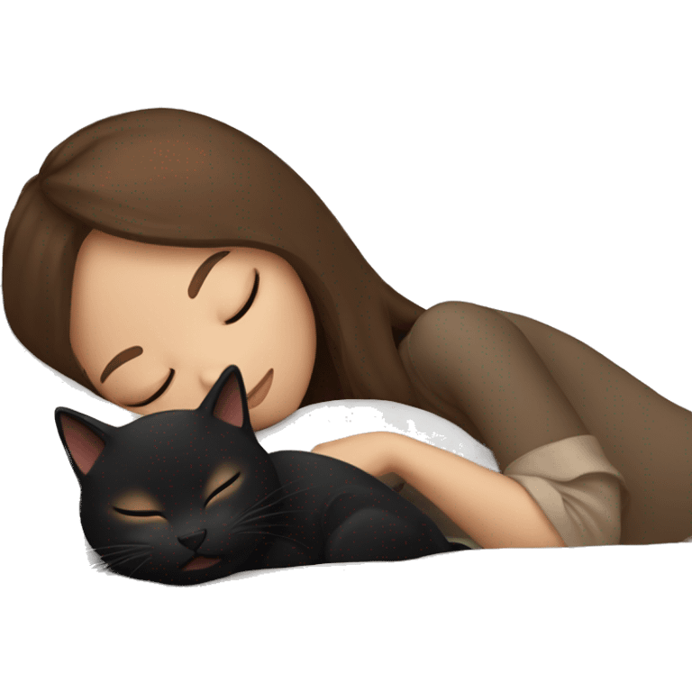 Girl with brown hair sleeping with black cat emoji