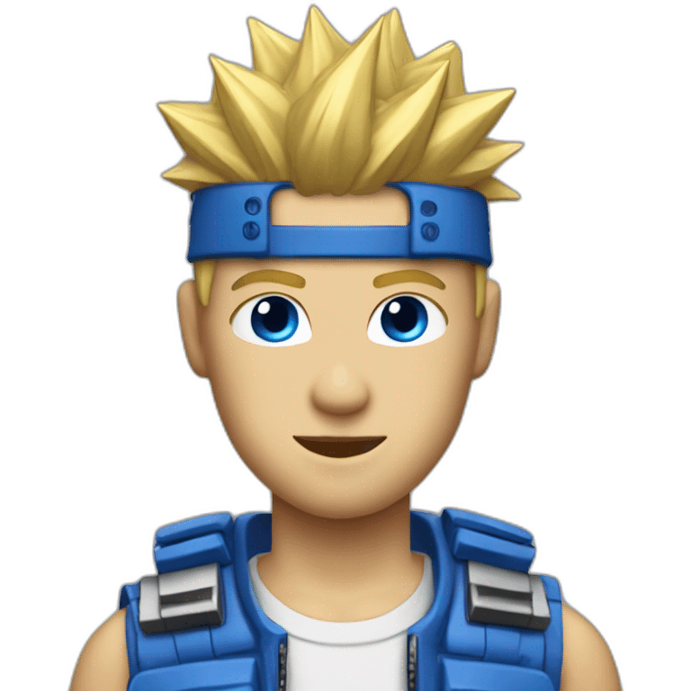 guy with blonde spiked hair, motherboard visor, blue supreme shirt and wink-blink face emoji