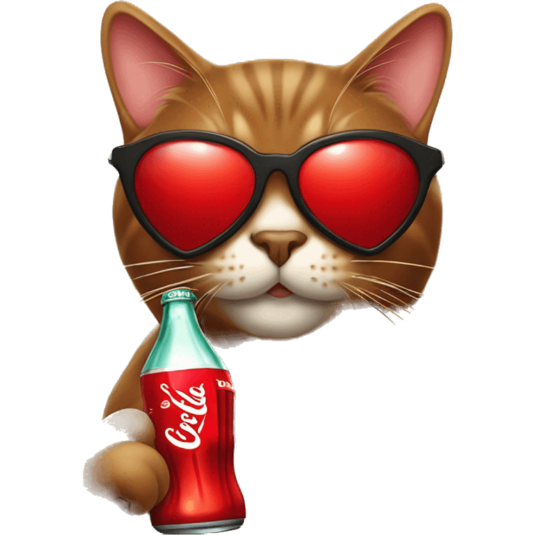 Brown cat wearing heart shaped sunglasses that are red drinking Coca-Cola emoji