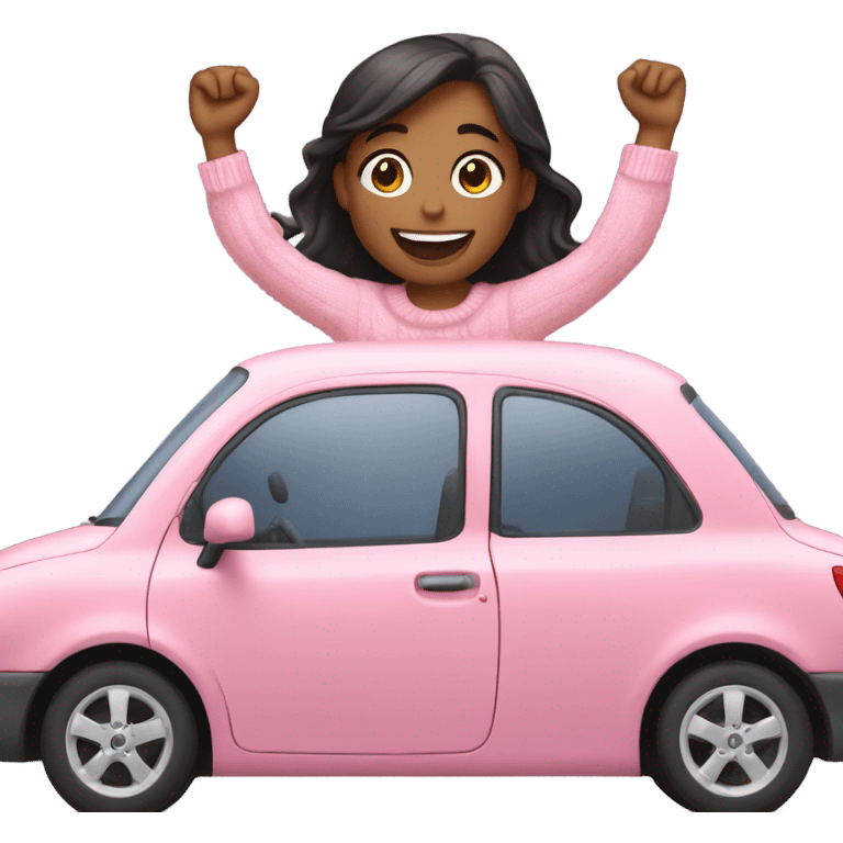 smiling girl in sweater in pink car arms up  emoji