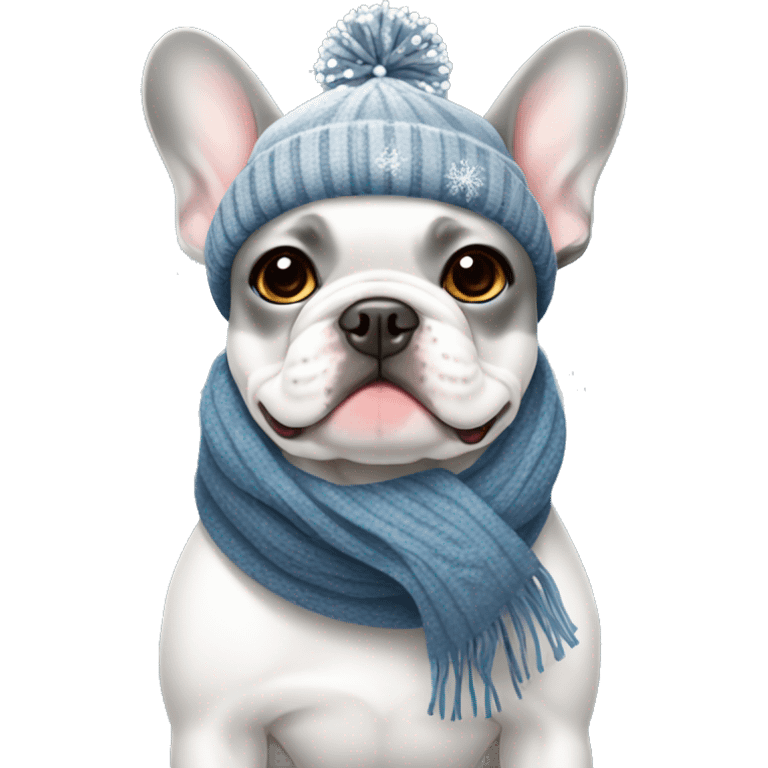 Grey white Frenchie wearing a scarf and hat surrounded by snowflakes emoji