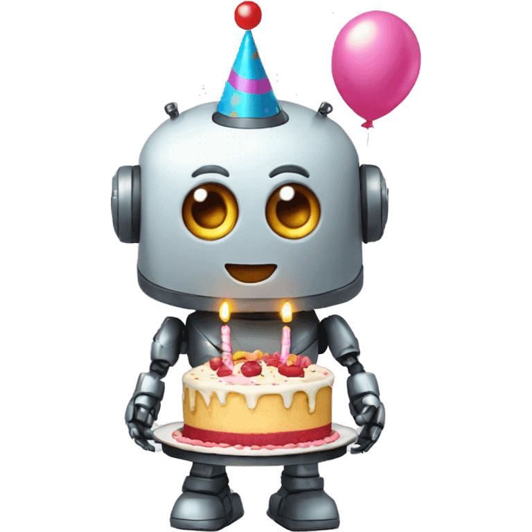 funny birthday robot with cake and a balloon emoji