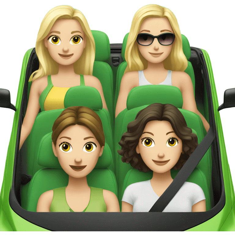 Two Caucasian blonde girls and two Caucasian brunette girls riding in a green volkswagen convertible emoji