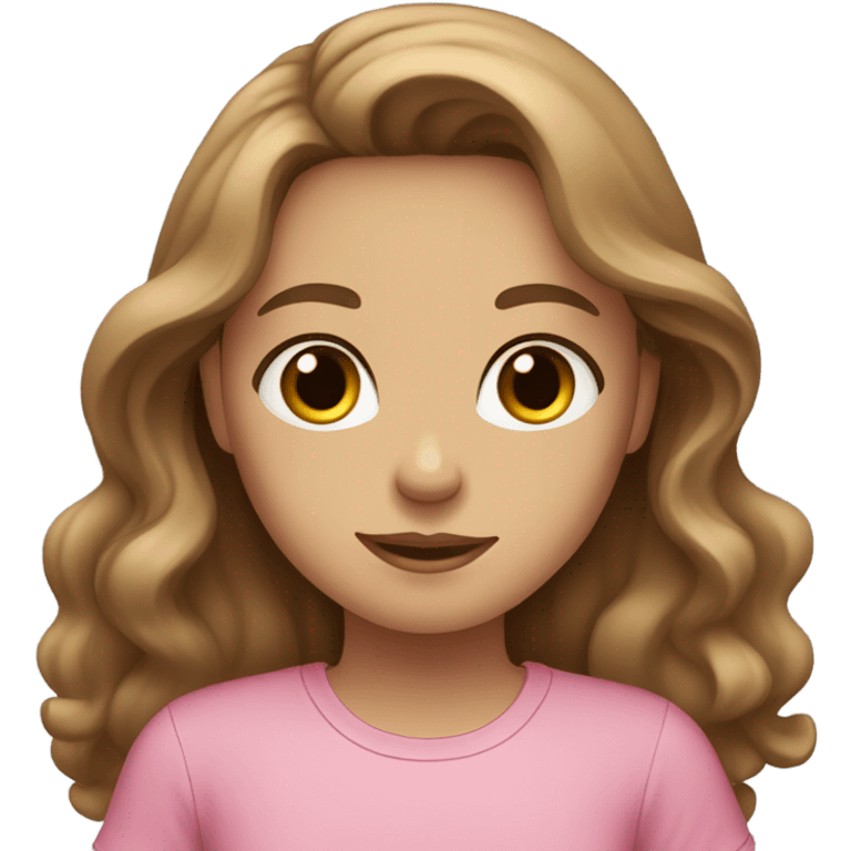 Girl with long brown wavy 2B texture hair, Blue eyes, a light tan and a pink shirt very beautiful  emoji