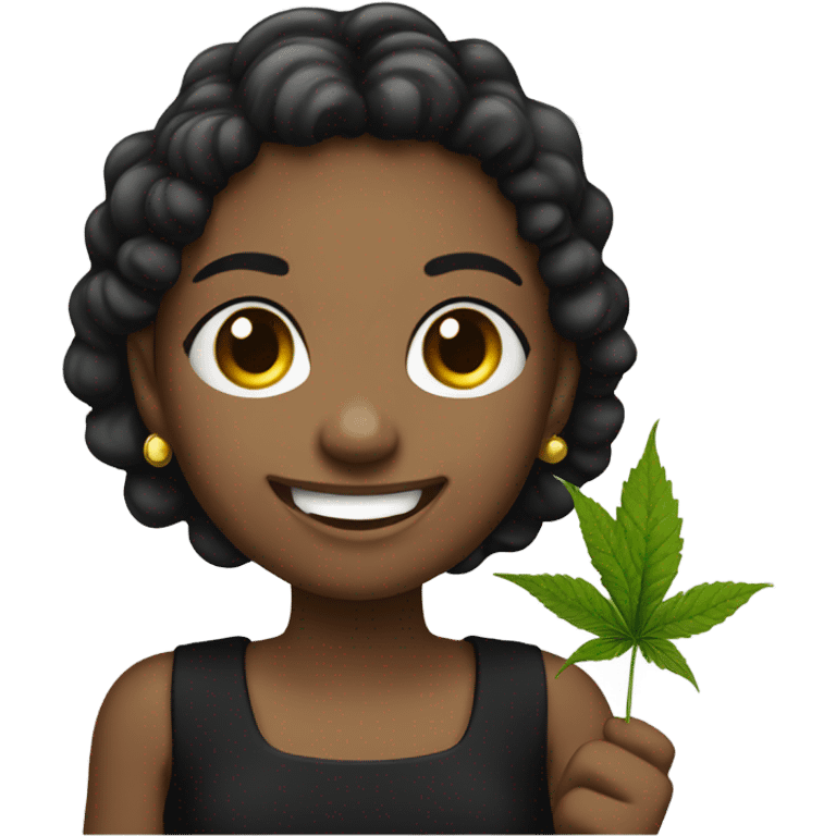 smiling girl in black dress with weed emoji