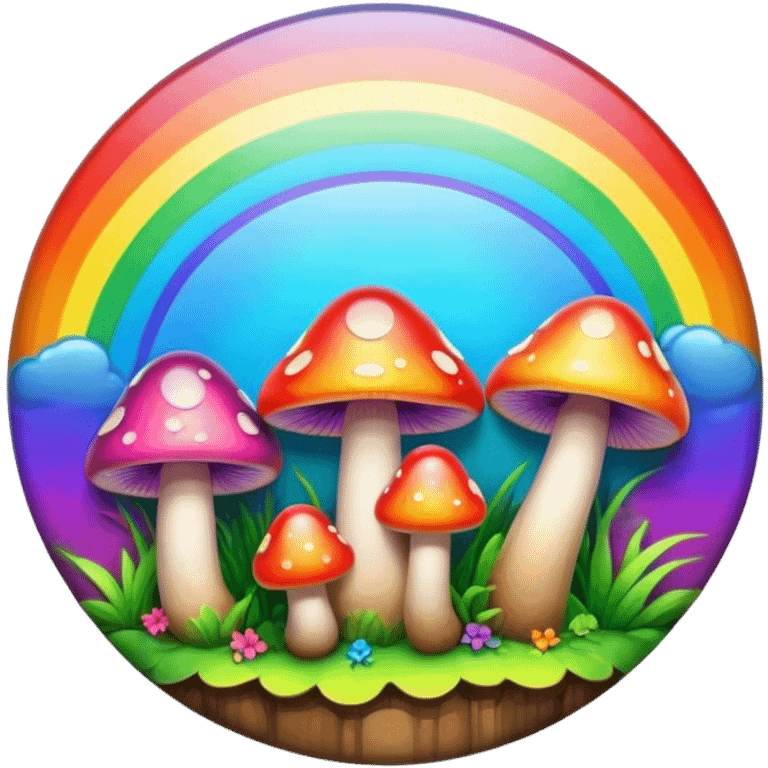 A round psychedelic colored button with bezeled edges and rainbow colored mushrooms emoji