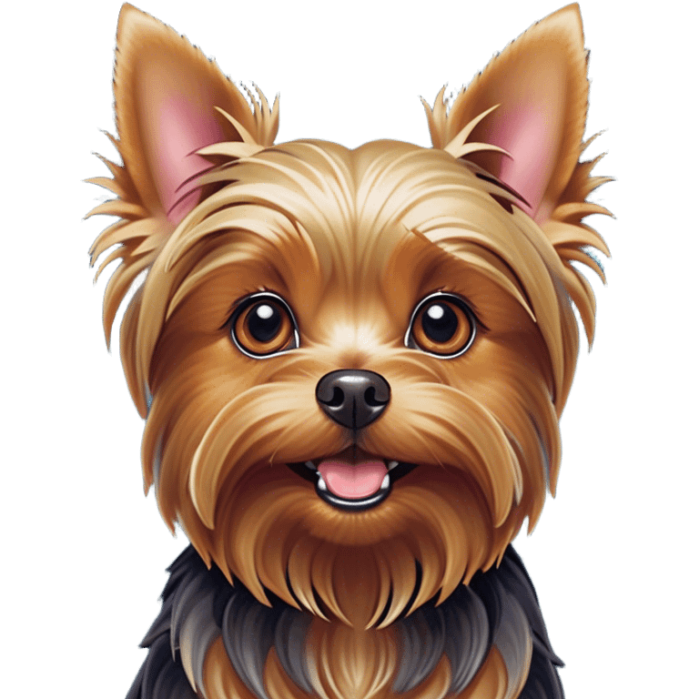 Cinematic Comical Yorkshire Terrier Portrait Emoji, Head tilted dramatically with an exaggeratedly surprised, comical expression and wide, expressive eyes, featuring a perky, well-groomed fur in rich hues, simplified yet hilariously detailed, glowing with a bold, sassy radiance, high shine, exuding playful mischief and cheeky terrier attitude, styled with a soft glowing outline, capturing the essence of a Yorkshire Terrier that appears ready to comically dash out of the frame! emoji