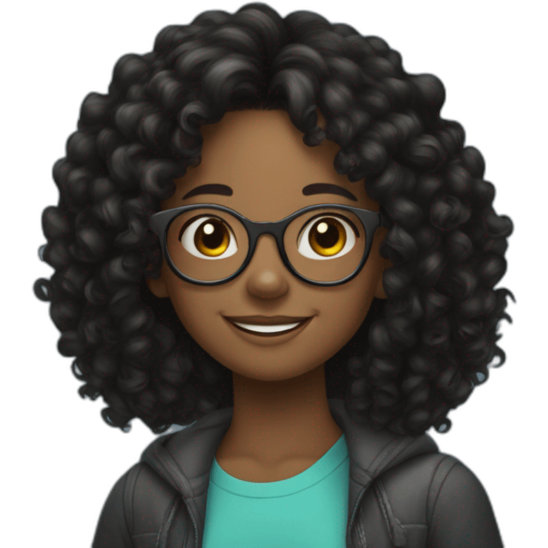 smiling black teenager girl with long black curly hair and round glasses emoji