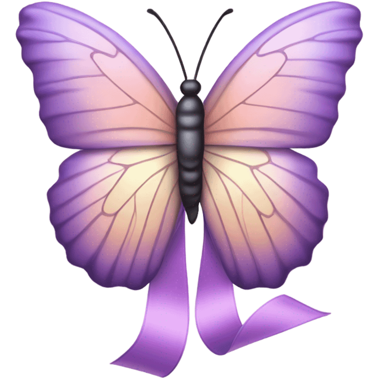 A delicate butterfly with pastel violet and lilac wings resting on a soft pink satin ribbon. emoji