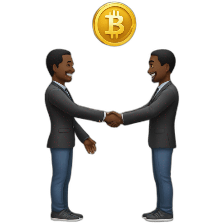 Two black men shaking hands with Bitcoin token in their hands  emoji