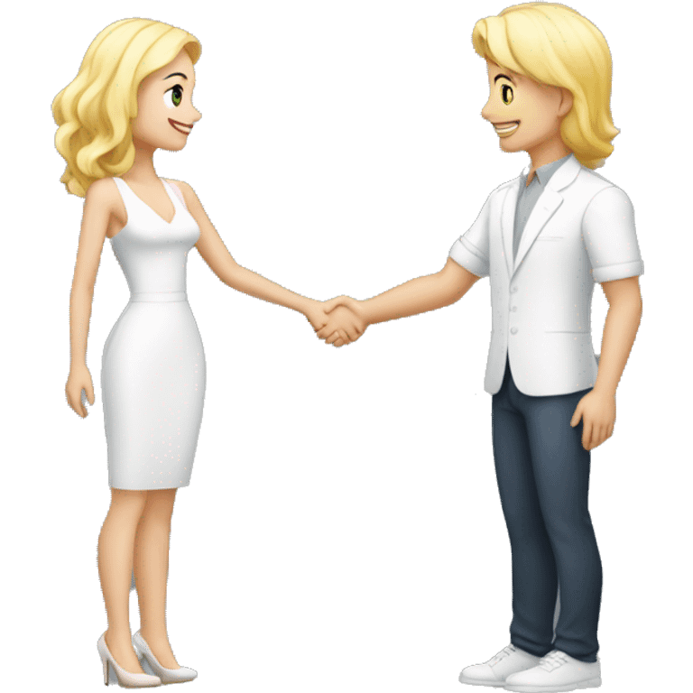 adult restaurant owner with white skin and blogger with white skin and blonde hair shaking hands in full height emoji