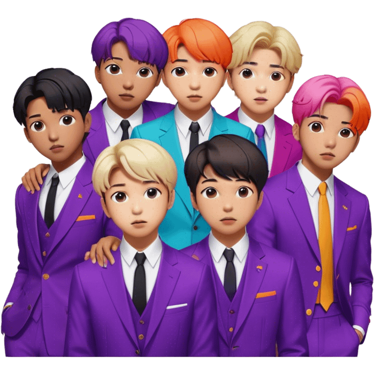 Cinematic Realistic group portrait of BTS featuring all 7 members in stylish modern attire, with detailed facial expressions and vibrant colors, captured in dynamic, contemporary lighting that emphasizes their global pop icon status emoji