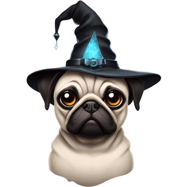 cyberpunk pug wearing a black wizard's hat emoji