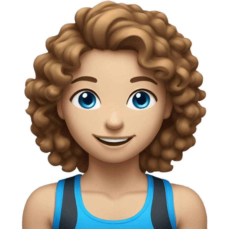 smiling girl weightlifting with fair skin, long brown curly hair and blue eyes emoji