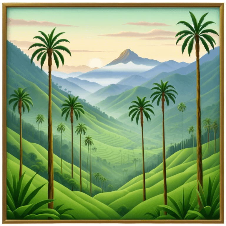 Cinematic Realistic Cocora Valley Landmark Emoji, featuring towering wax palm trees swaying in the misty green valley, with rolling hills and distant mountain peaks bathed in warm morning light. emoji