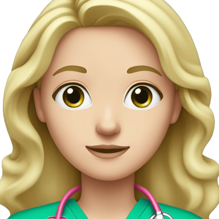 pale blonde girl with long wavy hair and green eyes wearing pink scrubs and stethoscope  emoji