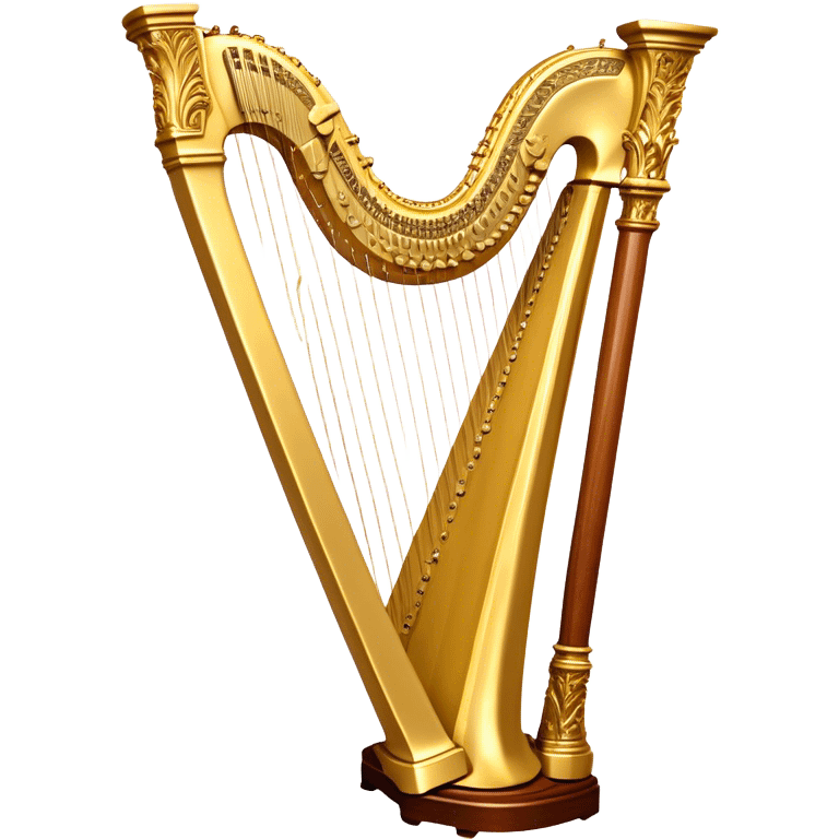 Create a luxurious and elegant emoji representing the LOUIS XV SPECIAL harp by the American manufacturer Lion & Healy. The design should feature the intricate, ornate frame of the harp with beautifully detailed carvings, highlighting the classical Louis XV style. Add golden strings and a subtle glimmer to evoke the high-end craftsmanship. Include delicate accents like musical notes flowing around the instrument to symbolize its melodic sound. Use warm, rich colors like gold, mahogany, and deep wood tones to reflect its luxurious and classical design. The background should be transparent. emoji