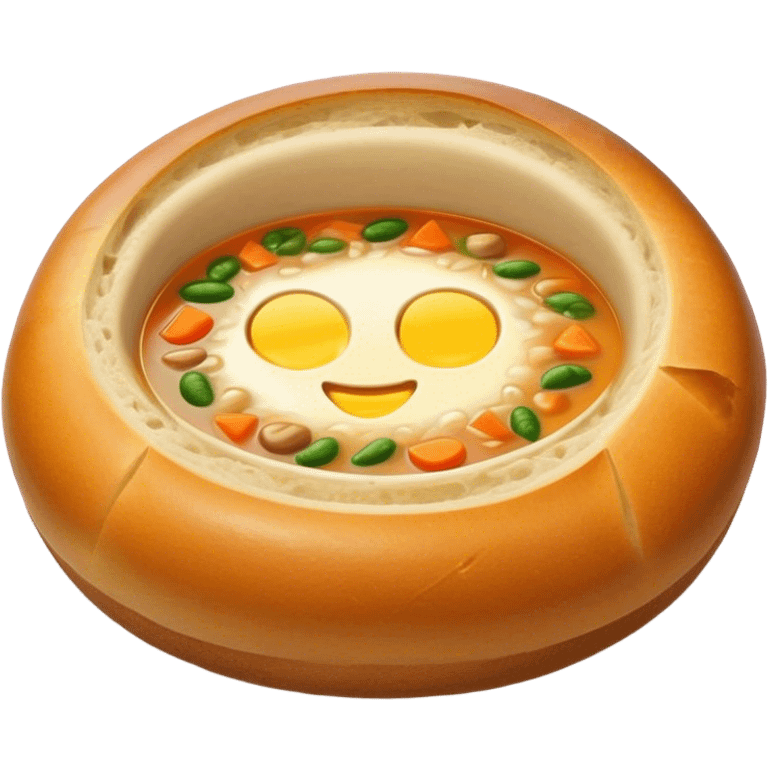 Żurek Cinematic Realistic Żurek Soup Dish Emoji, depicted as a tangy rye soup served inside a hollowed-out round loaf of bread, rendered with rich textures and dynamic, comforting lighting. emoji