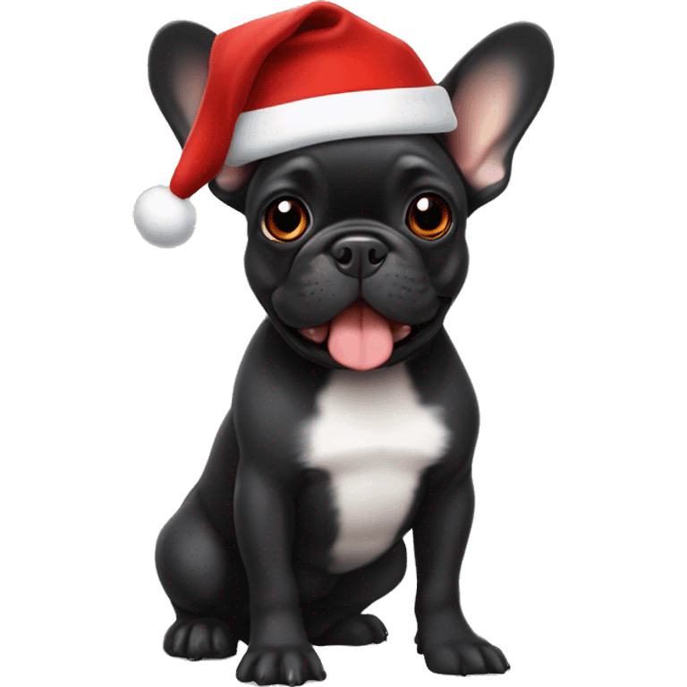 A small, black-and-tan French bulldog with a mostly black face and tan paws, wearing a classic red and white Santa hat, sitting happily with its tongue slightly out. emoji