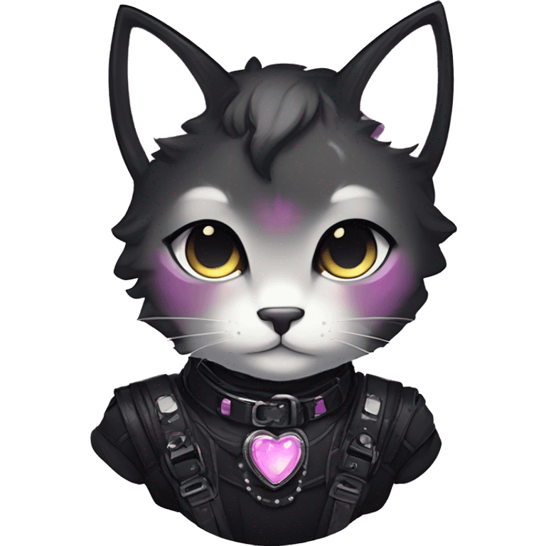 Gorgeous sparkly shiny epic magical gradient gothic dark techwear anime style anthro cat with blushing face aesthetic and pretty edgy black with collar and harness trending style emoji