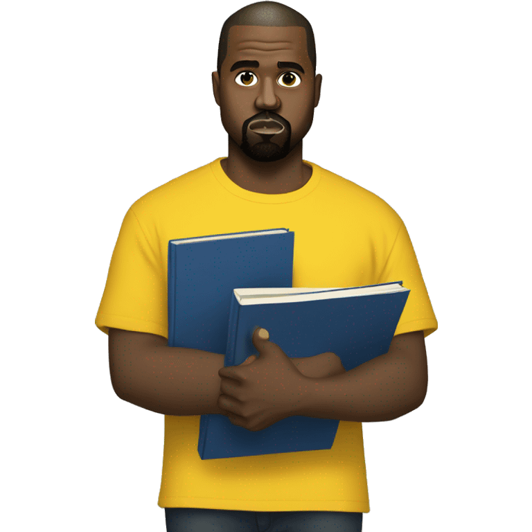 kanye west wearing a dark blue T-shirt, holding a big yellow notepad emoji