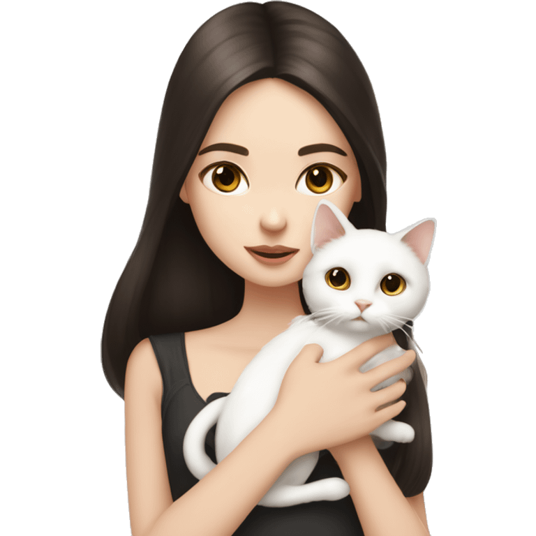 A pale girl with dark brown hair and dark brown eyes holds and kisses a white cat in her hands  emoji