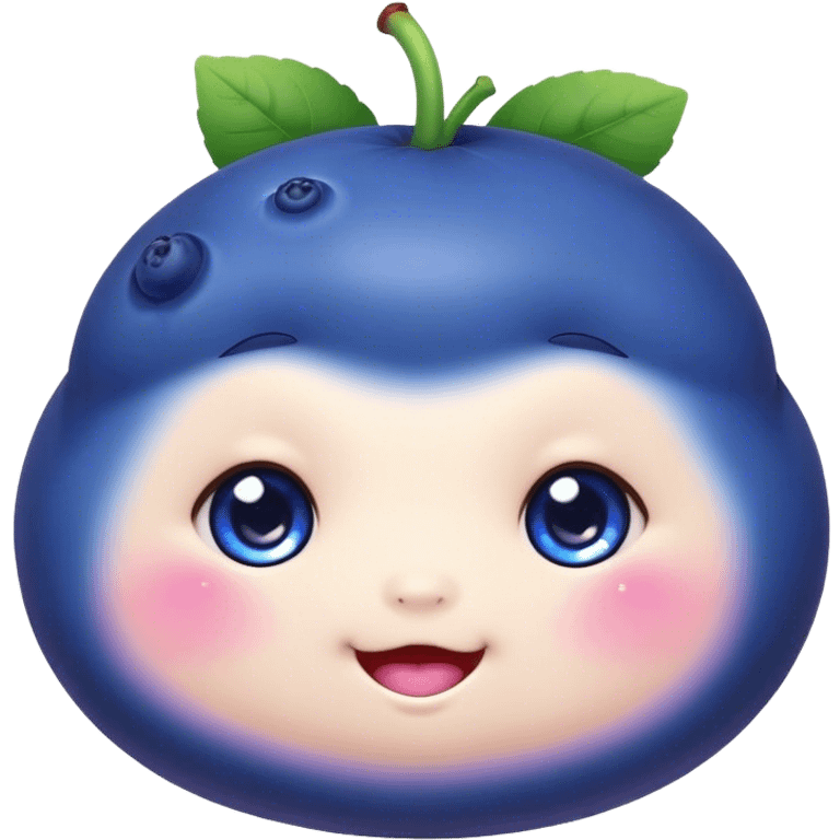 Cute Kawaii Blueberry, small and chubby, deep blue-purple with a tiny leafy crown, bright sparkling eyes, a soft round body, cute blushing cheeks, full of berry sweetness! emoji