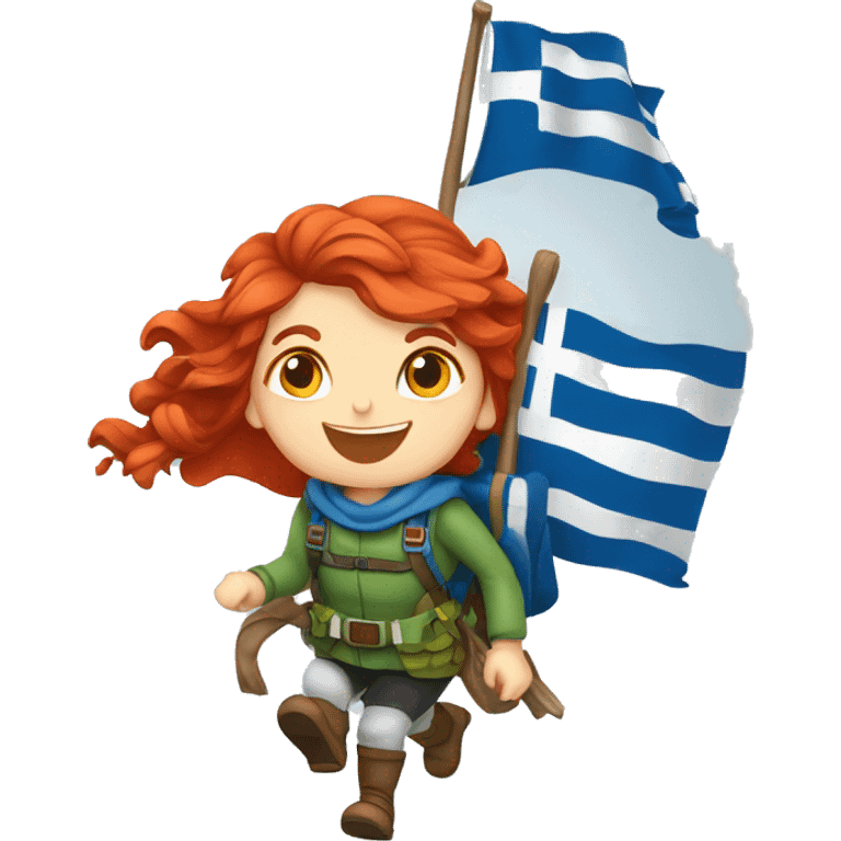 red hair female winter mountaineer climbing with Easter basket and Greek flag emoji