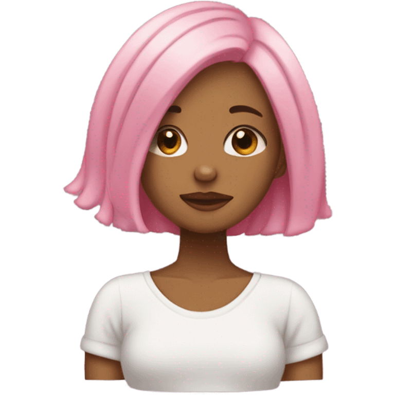 create a girl with pink hair, earrings, who hugs herself, her eyes are covered and her head is slightly bowed on her shoulder. The pose should reflect self-love emoji