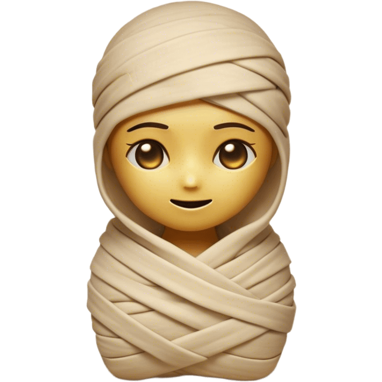 Cinematic Cute Mummy Portrait Emoji, with a delightfully charming, slightly clumsy bandaged form in warm faded tones and subtle hints of gold, featuring wide, curious eyes peeking from the wrappings and a sweet, innocent smile, simplified yet adorably detailed, glowing with a soft, ancient warmth and a gentle outline that captures the playful spirit of an ancient mummy! emoji