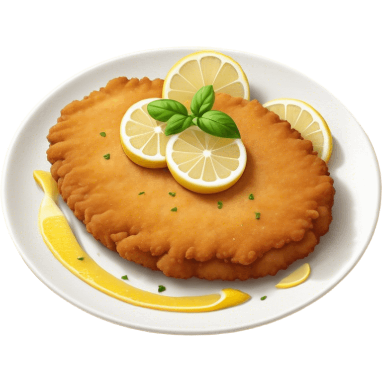 Cinematic Realistic Veal Schnitzel Dish Emoji, depicted as a golden, breaded veal cutlet served with lemon rendered with crisp textures and inviting, natural lighting. emoji