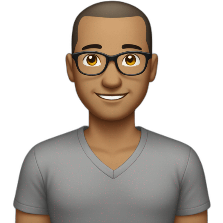 Late 30s man with buzz cut salt and pepper dark hair, thick frame glasses, with a round face and broad smile, medium nose, dark eyes, wearing a v-neck t-shirt emoji