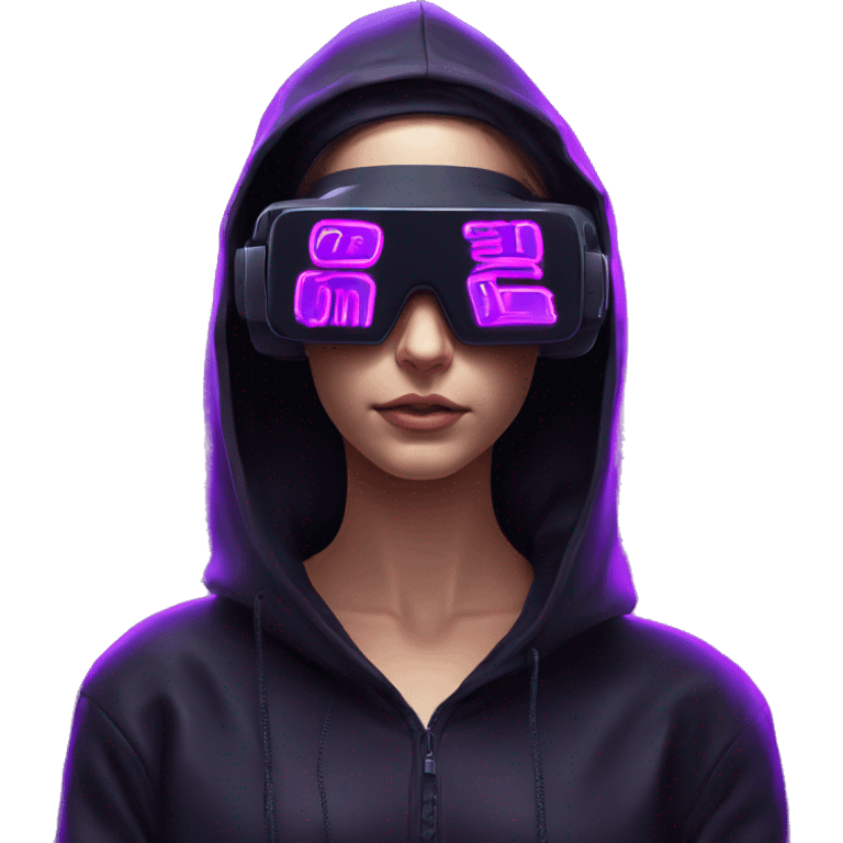 Russian girl wearing black hoody with violet letters "OMG", in vr headset. Cyberpunk style. Violet neon. emoji