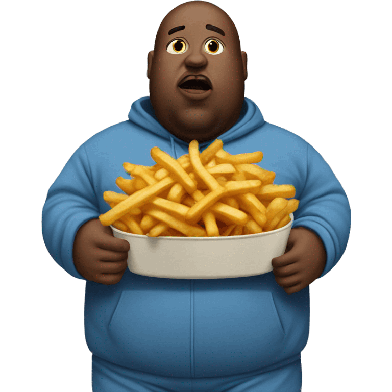 fat man in dirty blue sweatsuit with chili cheese fries in his mouth emoji