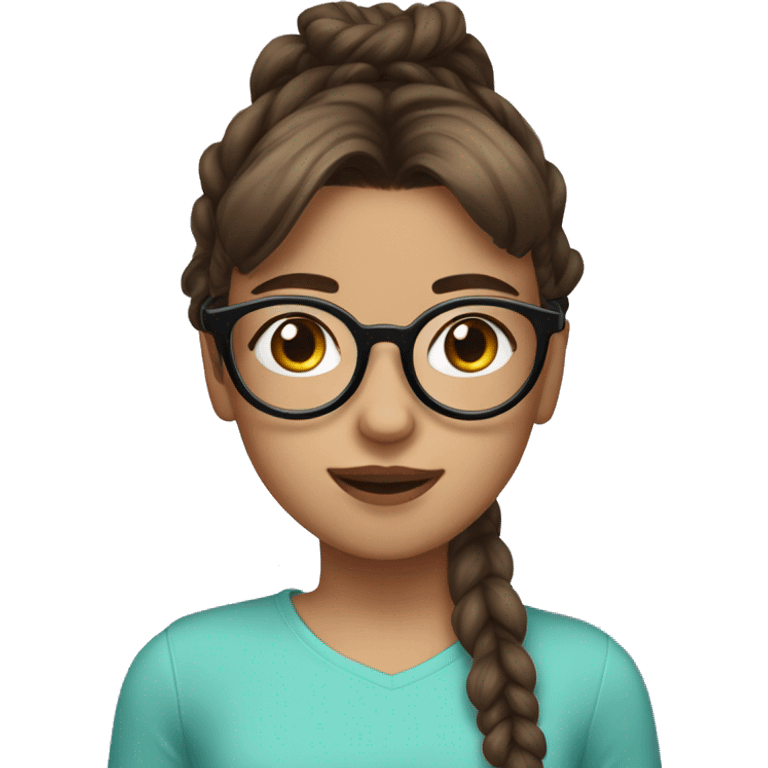 girl with oversized glasses and brown hair with bangs and a pony tail in a scrunchie emoji