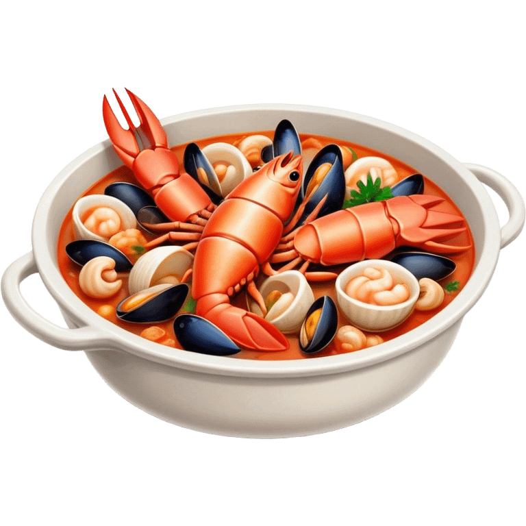 Cinematic Realistic Buzara Seafood Dish Emoji, depicted as a rustic, flavorful seafood stew with shellfish rendered with rich textures and dynamic, maritime lighting. emoji