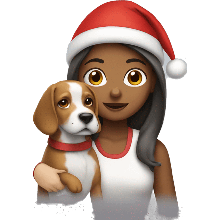 Girl waking with a dog with a Santa hat emoji