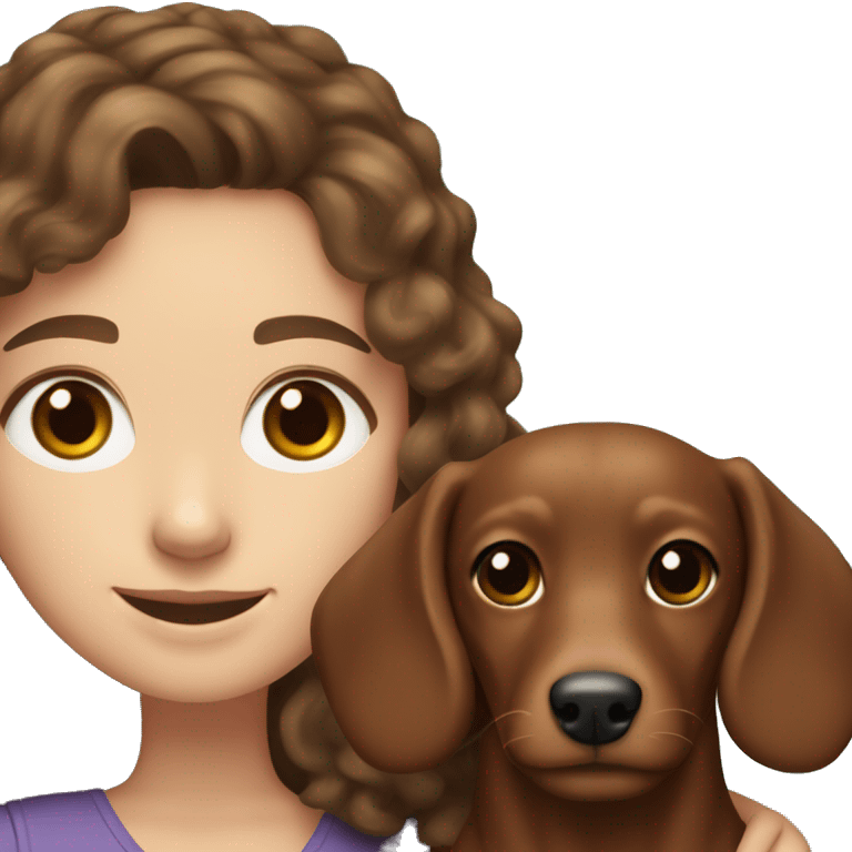 White Girl long curly brown hair smiling and brown eyes with long eyelashes and holding a dachshund  in her arms emoji