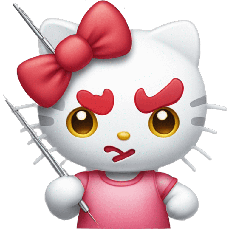 Hello kitty with red eyes holding a needle emoji