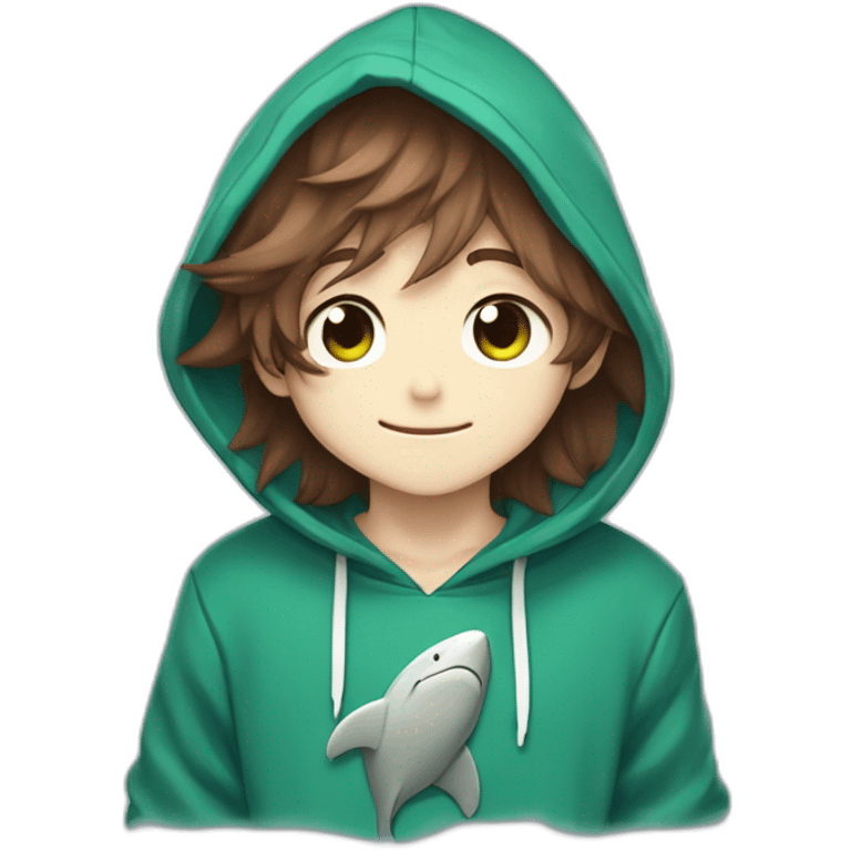 Cute anime boy with long fluffy brown hair and brown fluffy ears wearing a blue shark hoodie with emerald green eyes waving hi emoji