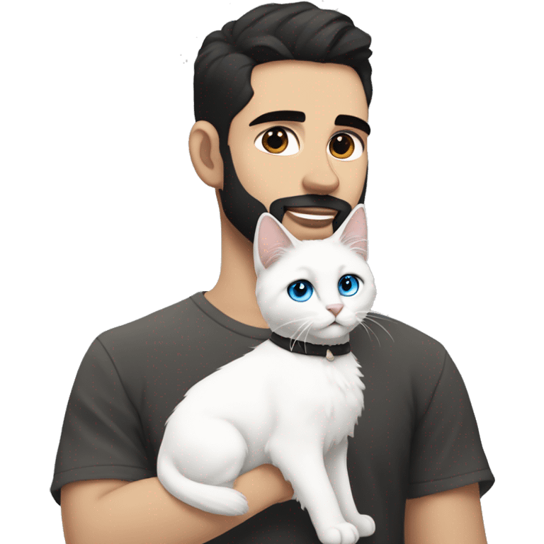 A guy with a black earing and black short hair and black beard and holding a all white Siberian cat with blue eyes  emoji