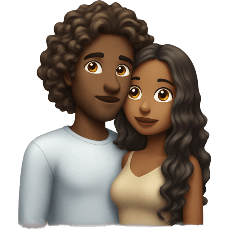 Fair guy kissing a brown girl with wavy long hair emoji