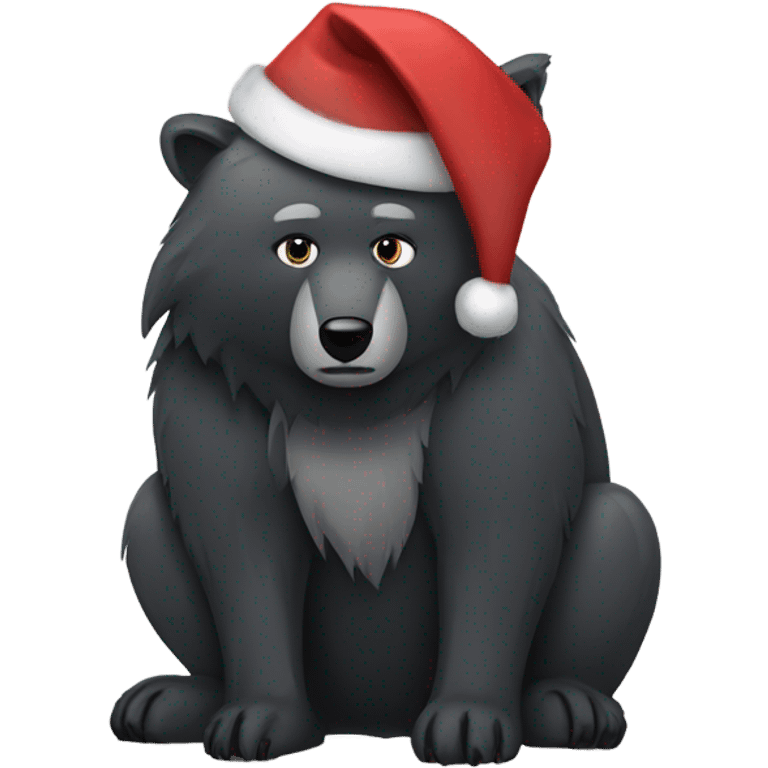 A tired bear with a Santa hat and a small black wolf  emoji