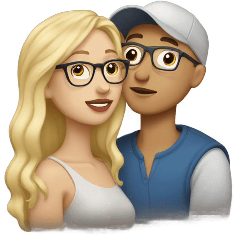 blonde woman with glasses and men with light skin and cap kissing emoji