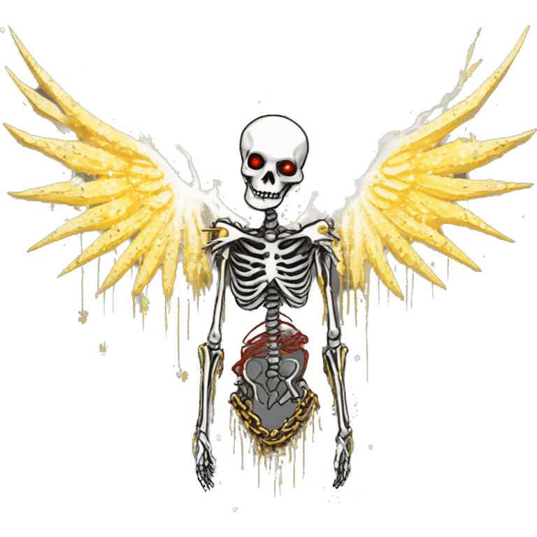 White skeleton zombie person covered in golden chains and black graffiti scribbles and red and silver doodles wings made of neon lightning snowing snowflakes emoji